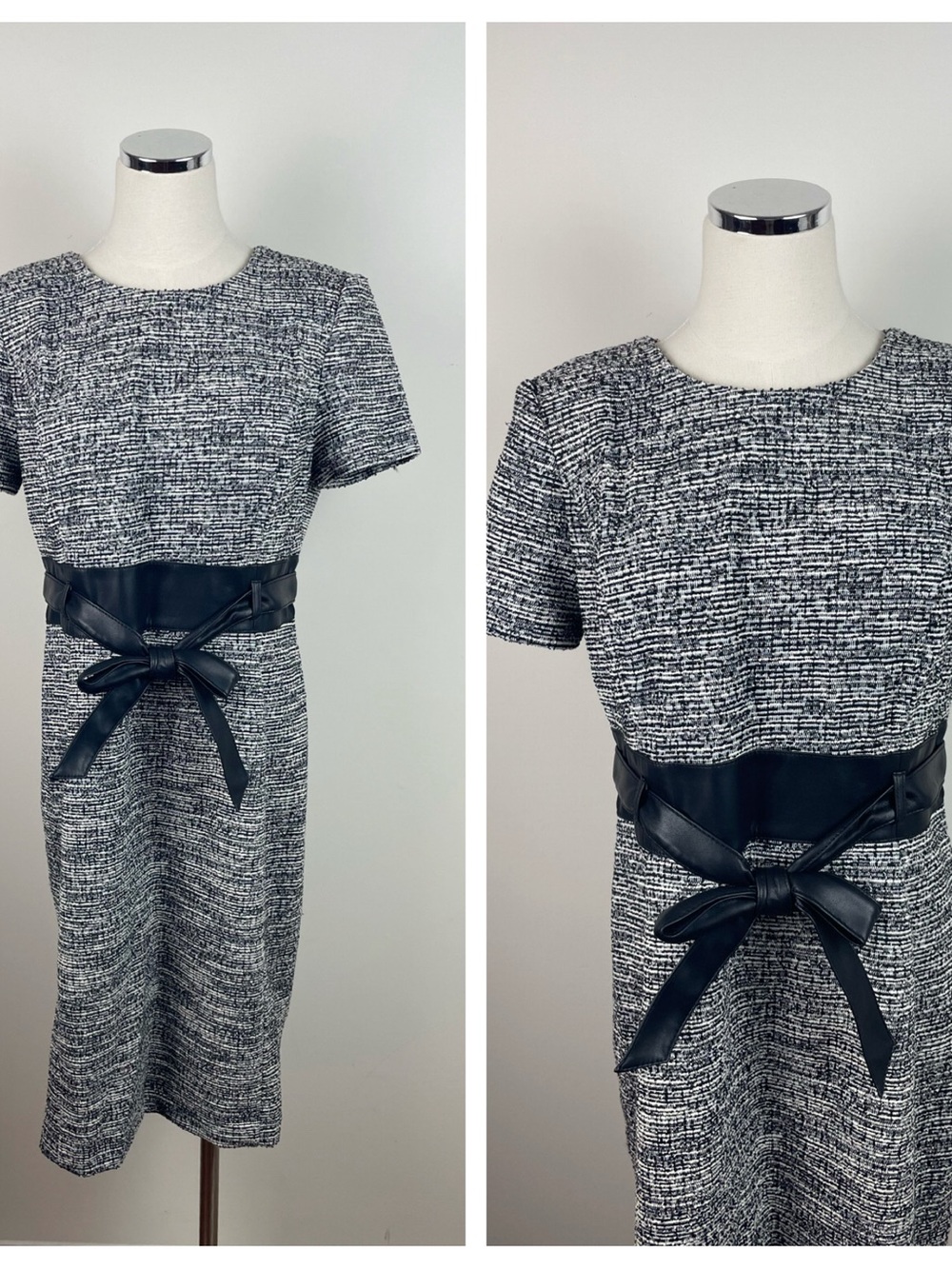 Calvin Klein Black White Knit Faux Leather Belted Work Attire Dress Women 12